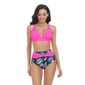 Neon pink halter bikini top and high-waisted tropical palm leaf print bottom with sash - S / Rose Red