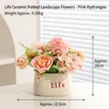 Pink artificial hydrangea in a white ceramic pot with Life Life text, 18cm height - Pink Hydrangea - Life Pot Artificial Flower Ornament