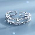 Lace-style double-layer silver open ring with cubic zirconia and hollow floral pattern - Adjustable Open / White Gold