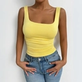 Women's yellow square neck tank top with side drawstring ruched details and slim fit - Yellow