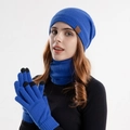 Winter royal blue knit set including warm fleece-lined hat, neck gaiter, and touch gloves - Sapphire Blue