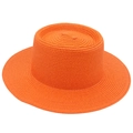 Vibrant orange straw boater hat with a flat top and wide brim on white background - One Size / Orange