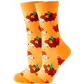 Detail of orange mid-calf socks with cute cartoon hedgehog and apple patterns - Orange Hedgehog