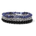 Set of three layered bracelets with blue stone beads, silver chain, and black beads - Blue Texture Black Glass Style (FK0294)