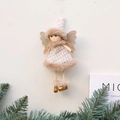 Angelo di Natale decorativo con vestito in tweed beige e ali dorate glitter - Marrone