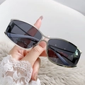 Y2K futuristic rectangular sunglasses with silver metal frame and dark lenses - Silver Frame Black Grey Lens