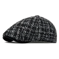 Classic British style black and white houndstooth newsboy cap in textured tweed fabric - Black