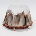 Detail of bohemian hat band with feathers, woven straps, and metal coin charms - One Size / Large Feather