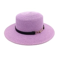 Detail of purple straw sun hat featuring black leather band and gold metal buckle - M (56-58cm) / Taro Purple