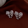 Silver bow stud earrings with sparkling rhinestones and white pearls on red velvet - 40# Silver Earring Post - Silver - Heart