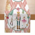 Pink Christmas table runner with nutcracker graphics and golden snowflake patterns - CD62-16 (Nutcracker Pink Table Runner)
