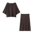Women's brown knit set featuring a lapel long sleeve top and midi skirt in dark brown - S / Top And Bottom / Coffee