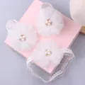 Detailed view of baby headband and foot flower set with mesh petals and pearls - Style 33 (White Sandal Lace Flower/White Headband)