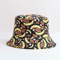 Close-up of a black bucket hat with vibrant banana and papaya prints and neat stitching - One Size / Black