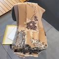 Elegant beige cashmere-like scarf with landscape floral pattern and fringe edge - Jiangnan View-Deep Coffee