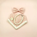 Pink tweed pet accessory set with plaid bandana, bow tie and pearl necklace - Size M (3-4.5kg) / 4-Piece Set (Bandana+Bowtie+Corsage+Necklace) / Pink