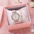 Elegant rose gold women's watch set with rhinestone bezel and matching star bracelet - Pink And Bracelet And Box