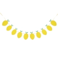 Detail view of lemon party banner with yellow slices and green leaves on gold string - Lemon Banner