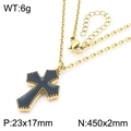 Gold stainless steel chain necklace featuring a black enamel cross pendant with bead border - Gold (KN288320-GC)