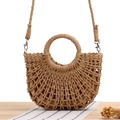 Handwoven semi-circle straw bag in natural wood color with hollow knit and shoulder strap - Camel Hollow
