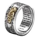Retro Thaise zilveren Pixiu ring met gouden afwerking en gegraveerde hartsoetra-tekst - Gelukswolk Pixiu Goud
