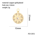 Detailed view of 15mm gold-plated copper starburst pendant with dimensions and zircon inlay - Starburst Round Disk (P01093)