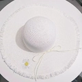 White straw sun hat featuring daisy embroidery, fringed edges and a delicate bow detail - M (56-58cm) / Milk White (Daisy Embroidery)