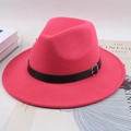 Pink wool felt jazz fedora hat with black leather buckle band on Kinfolk magazine - Flat Brim With Regular Leather Belt / Rose Red