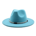 Detailed view of teal wool fedora hat featuring a tri-color braided decorative rope band - Lake Blue
