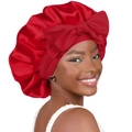 Lustrous red satin hair bonnet for women featuring a large decorative ribbon bow detail - Large / Red