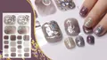 Waterproof toe nail wraps in grey-purple with glitter marble and faux gem designs - QYJ21-039 (Purple/Silver/Gold/Glitter/Metal Wire)