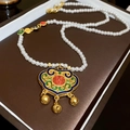 Elegant pearl necklace with golden Ru Yi lock pendant and colorful enamel details - White Gold Ruyi Lock Bell Pearl Necklace