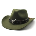 Detail of dark green western cowboy felt hat with ethnic band and metal bull skull ornament - Army Green / M (56-58cm)