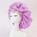 Purple satin sleep cap for hair care with bow decoration on a white mannequin head - Medium Single Layer Ribbon / Violet