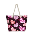 Detail van canvas strandtas met hartjespatronen en dikke witte touwhandvatten - Zwarte Hart Print Stijl (jiayingstb12)