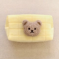 Plush light yellow pencil case with quilted pattern and cute brown bear patch - Yellow (Milk Tea Bear)