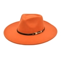 Detail of orange fedora hat with elegant black leather band and gold metal buckle - M (56-58cm) / Orange