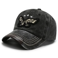 Vintage washed grey baseball cap with embroidered eagle and contrast leather brim - Embroidered Eagle - Black