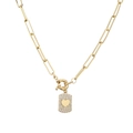 Gold paperclip chain necklace with a zircon rectangle pendant and polished heart charm - Heart/Gold/White Zircon / Gold White Zircon Heart
