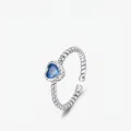 Anello in argento S925 con zaffiro blu a cuore e fascia con trama a corda intrecciata - Stile Cuore Vintage / Aperto Regolabile
