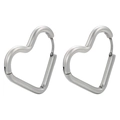 Detailed close-up of polished silver heart-shaped stainless steel huggie earrings - Polished Heart / Silver