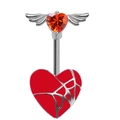 Gothic bat wing navel ring with orange heart zircon and red spider web heart charm - Silver Wing Red Heart Spider Web Belly Ring (2311110041)