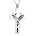 Polished stainless steel double layer cross cremation urn necklace with crystal heart - Silver