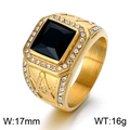Golden Freemason ring with square black stone and white cubic zirconia accents - Gold Black