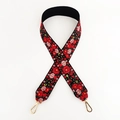 Close-up of wide black shoulder strap with red floral embroidery and gold metal clips - Pink Flower
