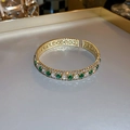 Golden open bangle bracelet featuring alternating green and white crystal gems - Green Square Double Row Open Bangle (12#)