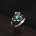 Vintage S925 silver adjustable ring with turquoise water drop gemstone and flower detail - Adjustable Open / Thai Silver Turquoise