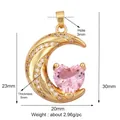 Gold plated crescent moon pendant featuring a large pink heart-shaped zircon stone - Pink/Heart Moon