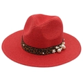 Elegant red Panama straw hat with leopard print band and pearl flower accents for women - Red