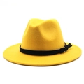 Detail of a bright yellow wool fedora hat with black decorative band and metal buckle - M (56-58cm) / Yellow